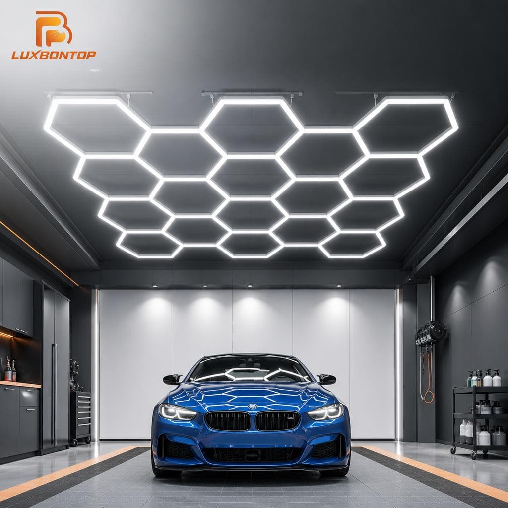 LUXBONTOP 14-cell honeycomb LED ceiling lighting in an automotive detailing bay