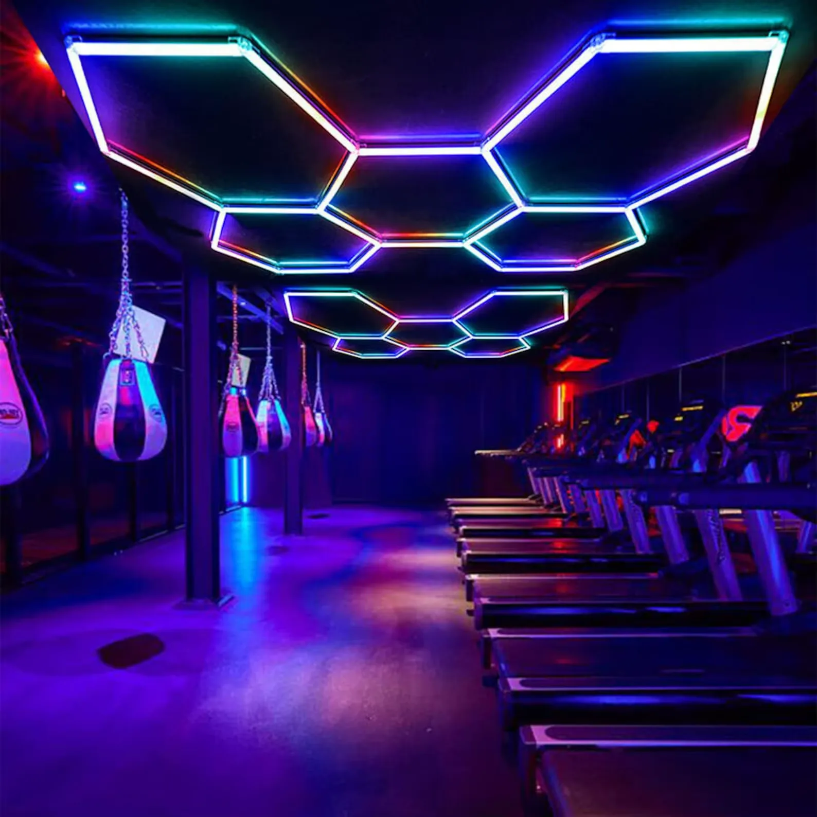 RGB honeycomb lighting installed in a gym