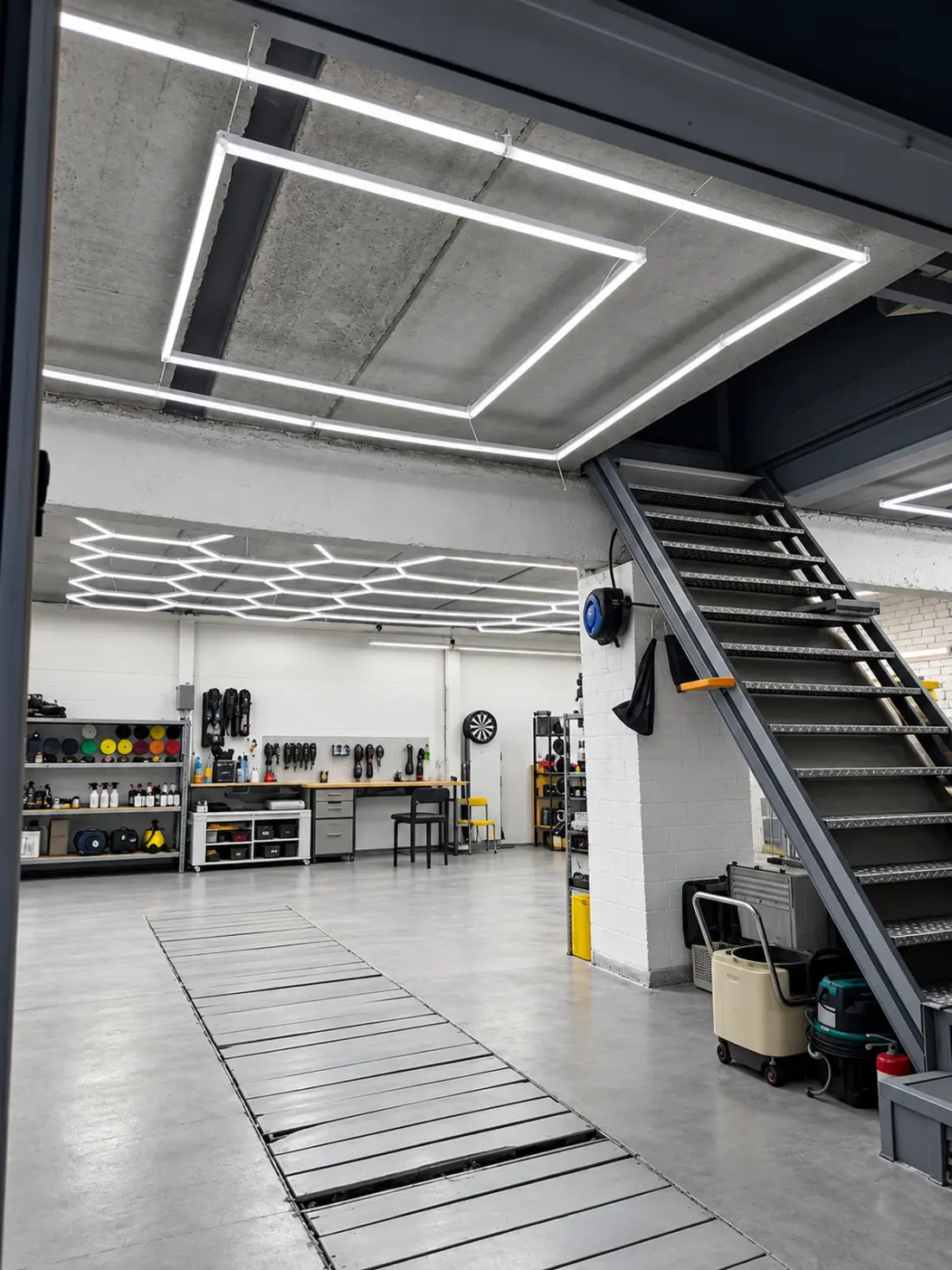 Geometric LED ceiling lighting in an automotive garage and workshop