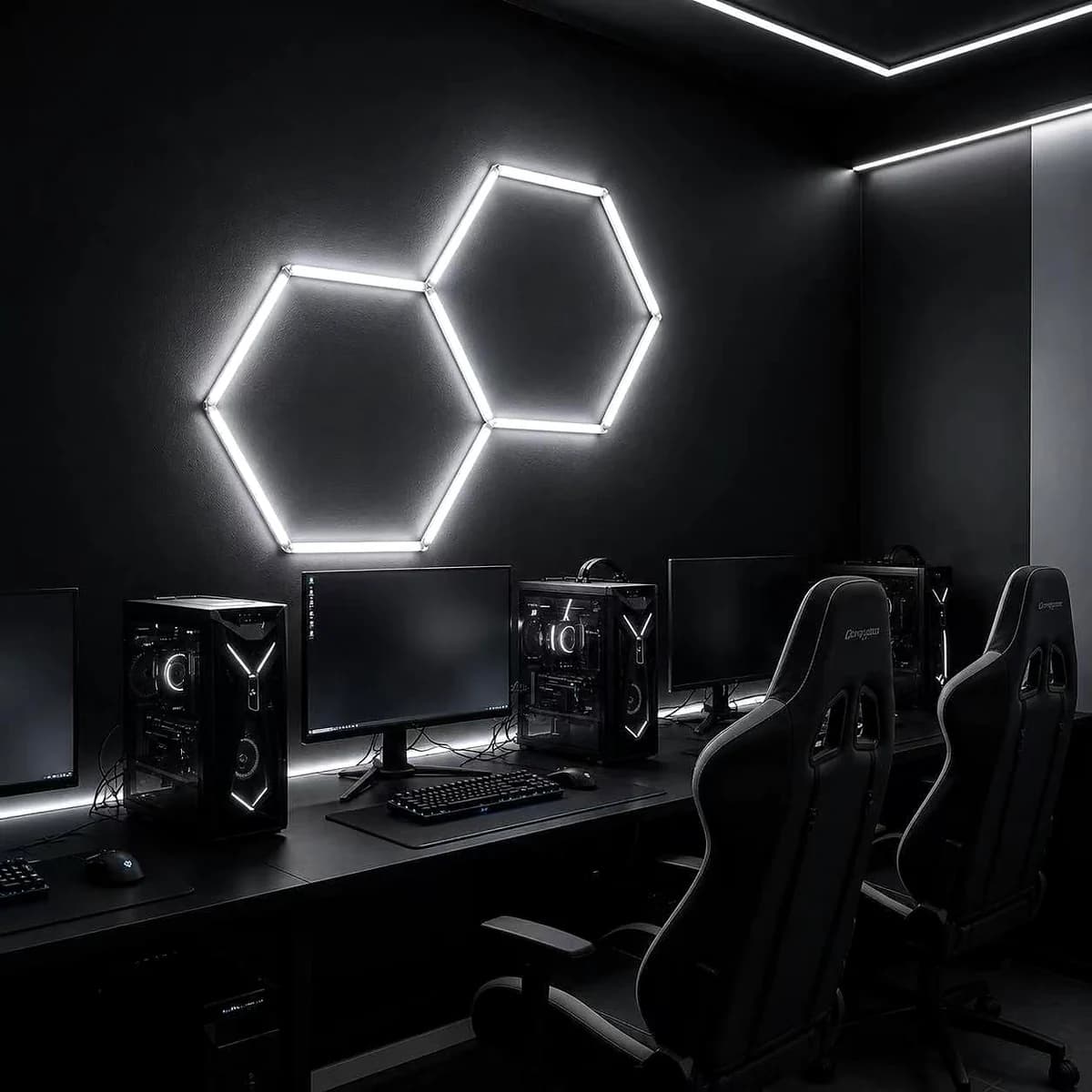 Two hexagon LED wall lights installed above a gaming desk