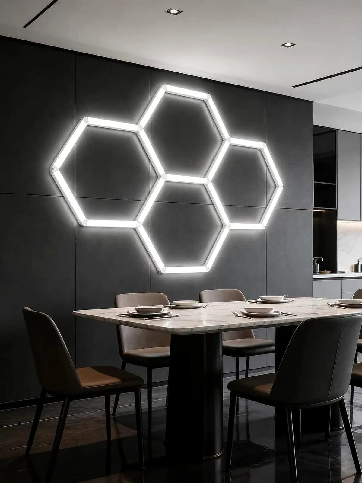 Four connected white hexagon LED wall lights beside a dining table