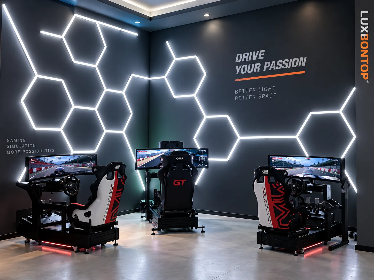 Custom hexagon LED wall lighting installed around a gaming simulator space