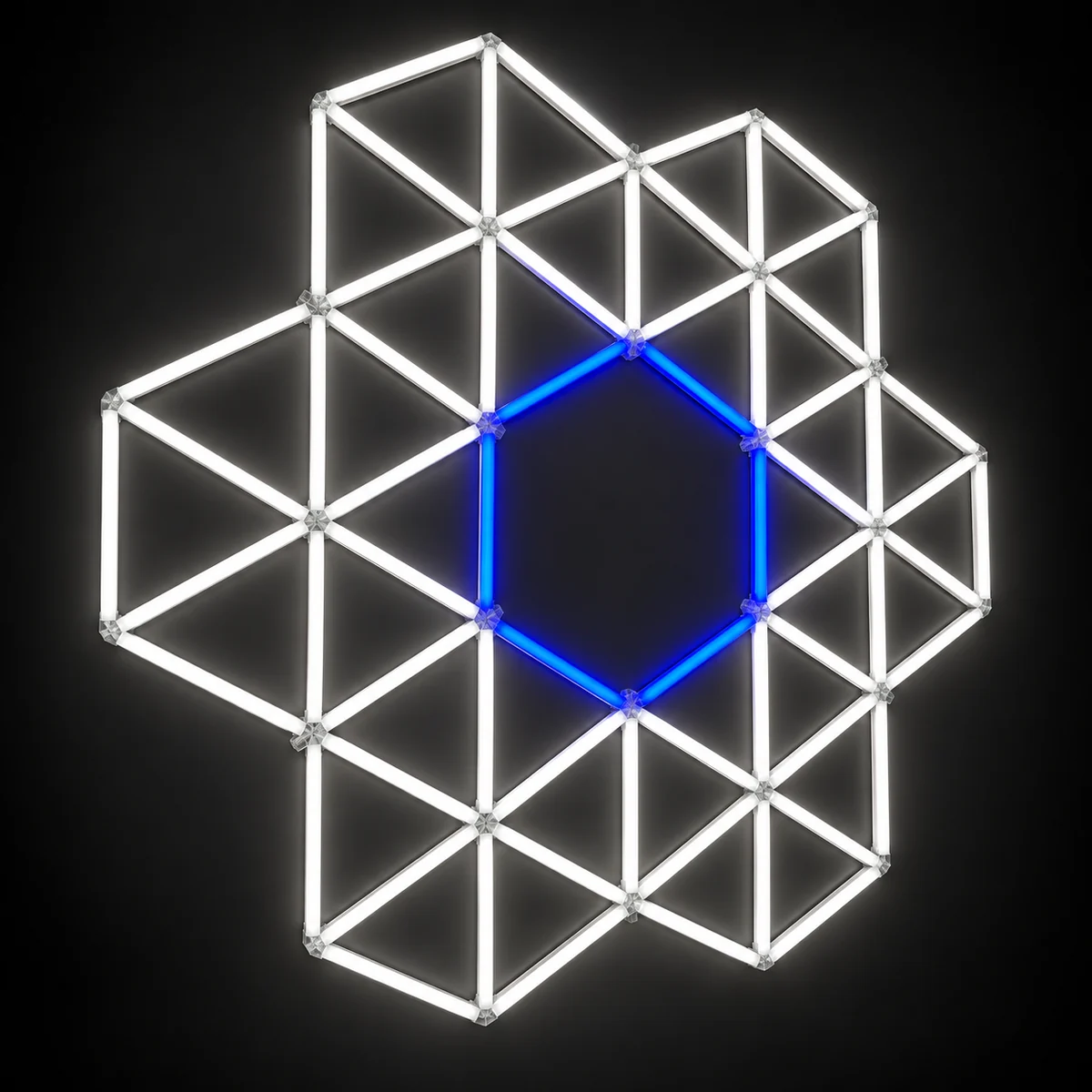 Geometric white lighting layout with a blue hexagon centre